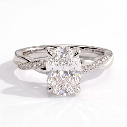 Elongated Cushion lab-grown diamond halo engagement ring in 18K (750) white gold, front view 
