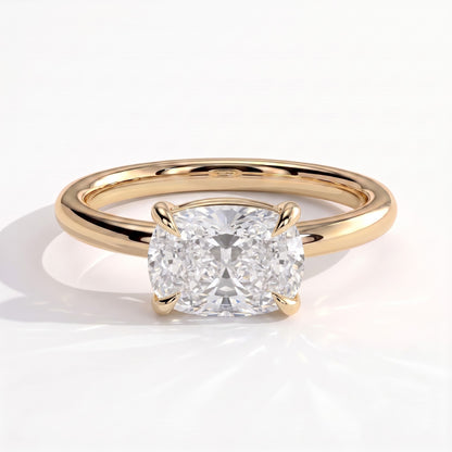Elongated Cushion lab-grown diamond east-west solitaire engagement ring in 18K (750) yellow gold, front view 