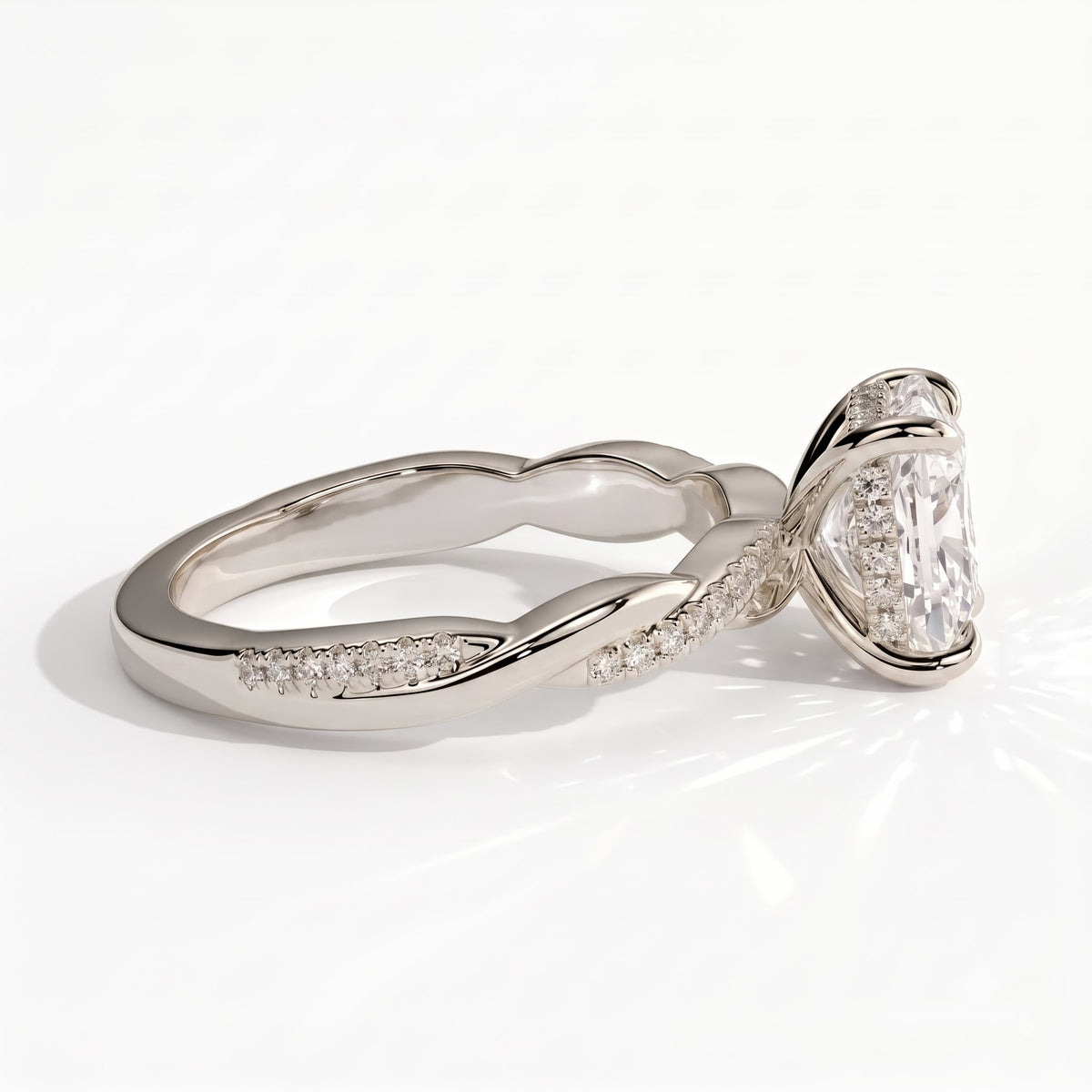Elongated Cushion lab-grown diamond halo engagement ring in 950 platinum, detail view 