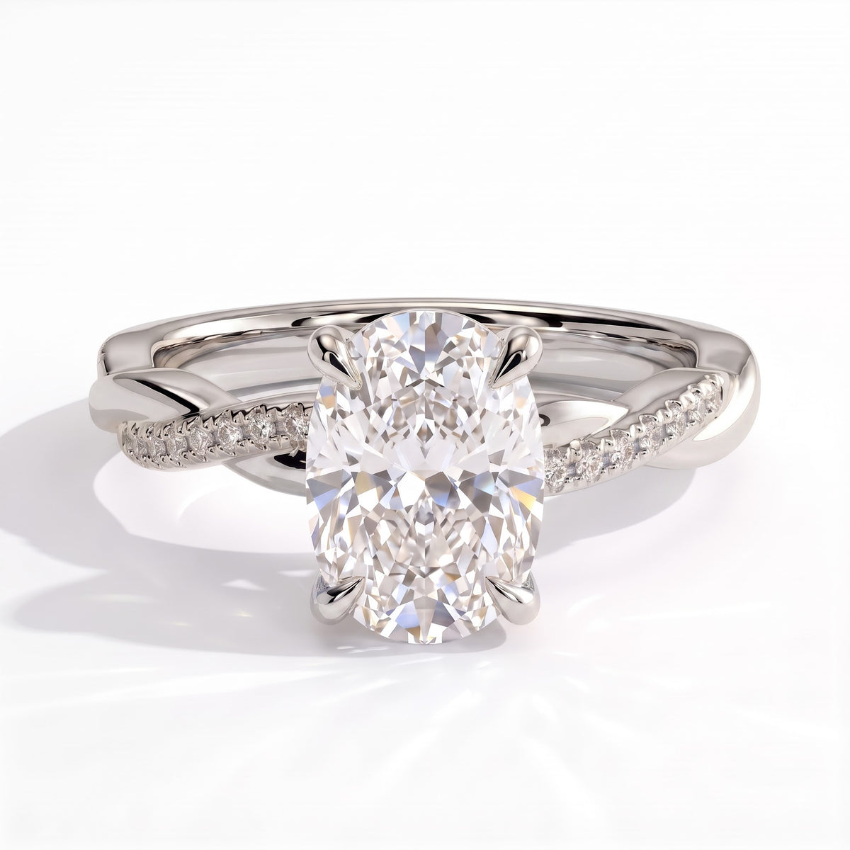 Elongated Cushion lab-grown diamond halo engagement ring in 950 platinum, front view 
