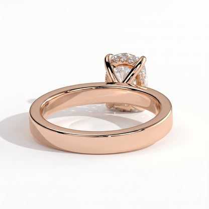 Elongated Cushion lab-grown diamond solitaire engagement ring in 18K (750) rose gold, on white background 