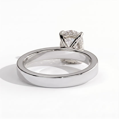 Elongated Cushion lab-grown diamond solitaire engagement ring in 18K (750) white gold, on white background 
