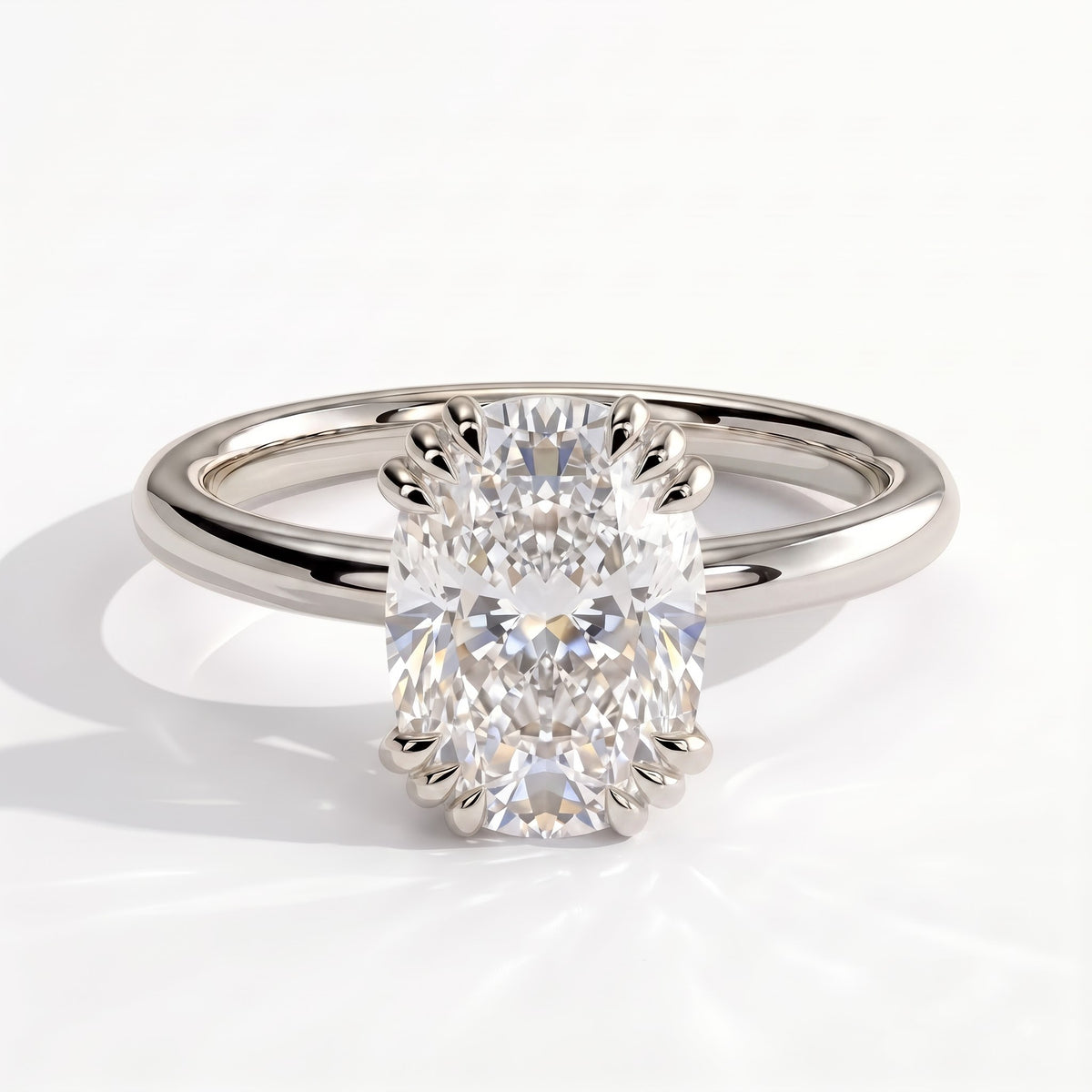 Elongated Cushion lab-grown diamond solitaire engagement ring in 14K (585) white gold, front view 