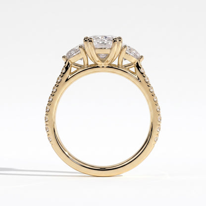 Elongated Cushion lab-grown diamond three-stone engagement ring in 14K (585) yellow gold, side profile 