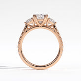 Elongated Cushion lab-grown diamond three-stone engagement ring in 14K (585) rose gold, side profile 
