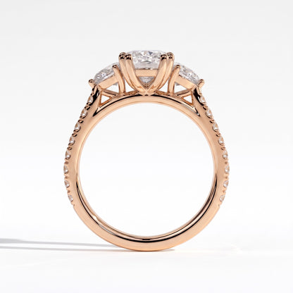 Elongated Cushion lab-grown diamond three-stone engagement ring in 14K (585) rose gold, side profile 