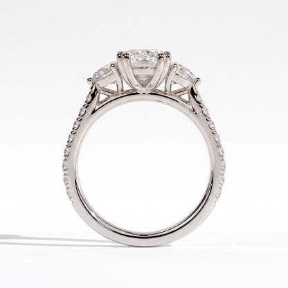Elongated Cushion lab-grown diamond three-stone engagement ring in 14K (585) white gold, side profile 