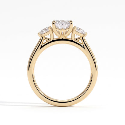 Elongated Cushion lab-grown diamond three-stone engagement ring in 14K (585) yellow gold, side profile 