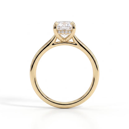 Elongated Cushion lab-grown diamond halo engagement ring in 14K (585) yellow gold, side profile 