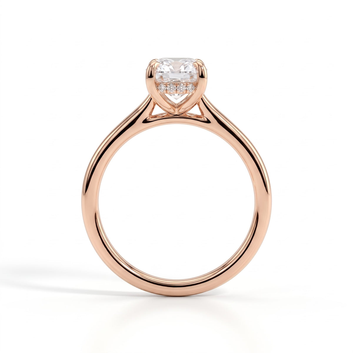 Elongated Cushion lab-grown diamond halo engagement ring in 14K (585) rose gold, side profile 