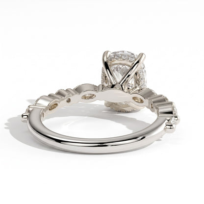 Elongated Cushion lab-grown diamond halo engagement ring in 14K (585) white gold, on white background 
