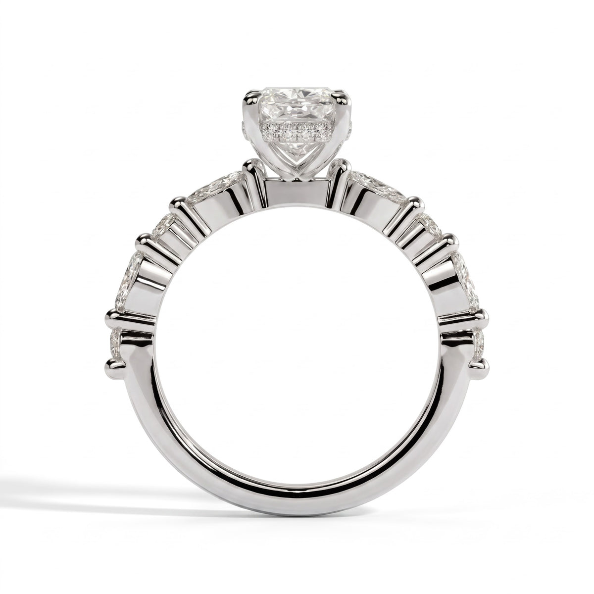Elongated Cushion lab-grown diamond halo engagement ring in 14K (585) white gold, side profile 