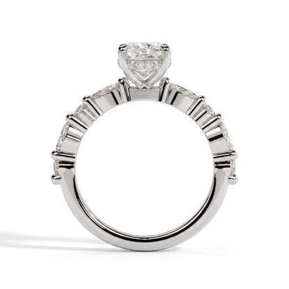 Elongated Cushion lab-grown diamond halo engagement ring in 14K (585) white gold, side profile 