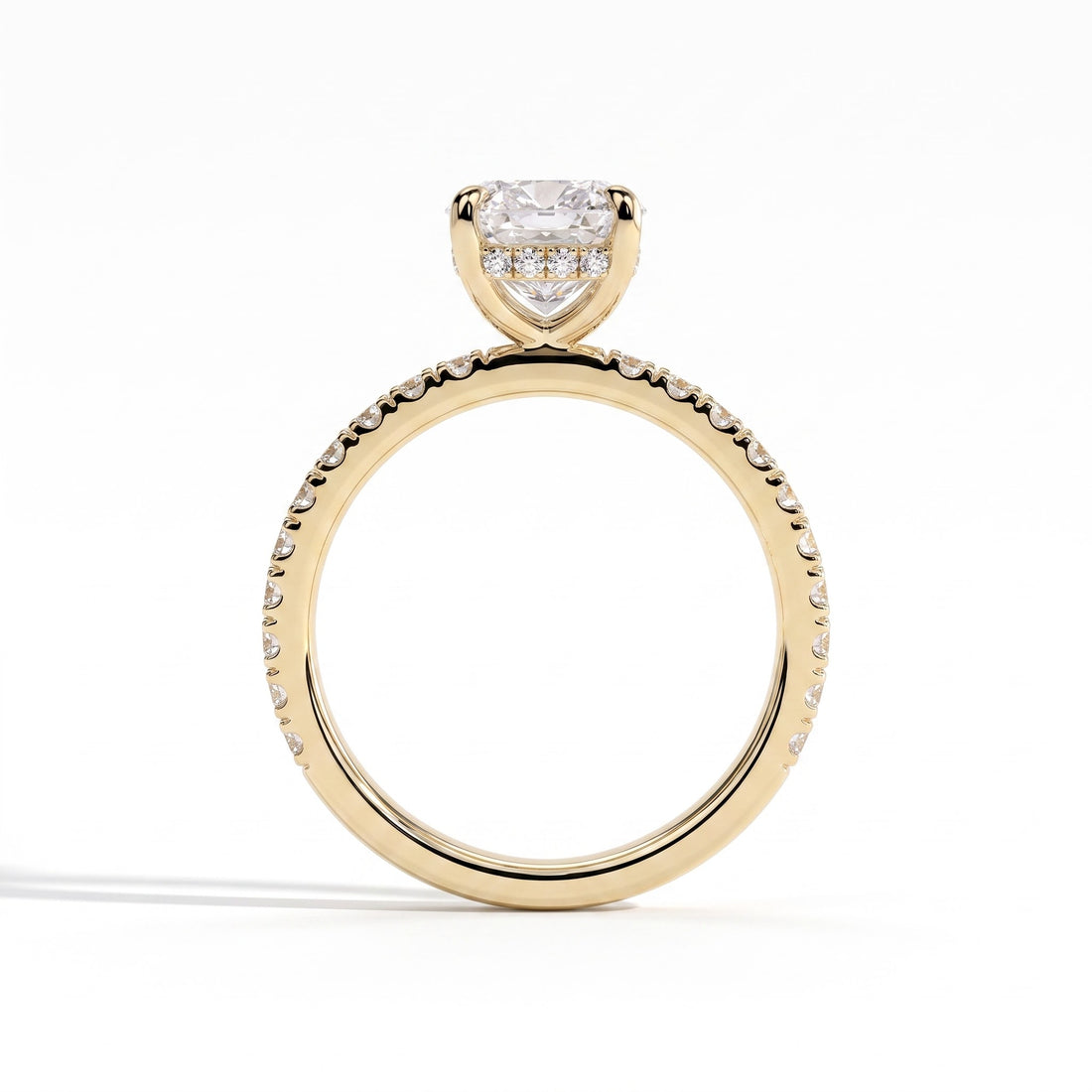 Elongated Cushion lab-grown diamond halo engagement ring in 14K (585) yellow gold, side profile 