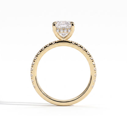 Elongated Cushion lab-grown diamond halo engagement ring in 14K (585) yellow gold, side profile 