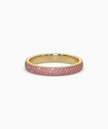 Felia pink gemstone pavé eternity ring in 750 yellow gold, front view 