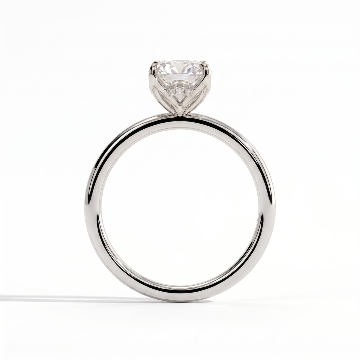 Elongated Cushion lab-grown diamond solitaire engagement ring in 18K (750) white gold, side profile 