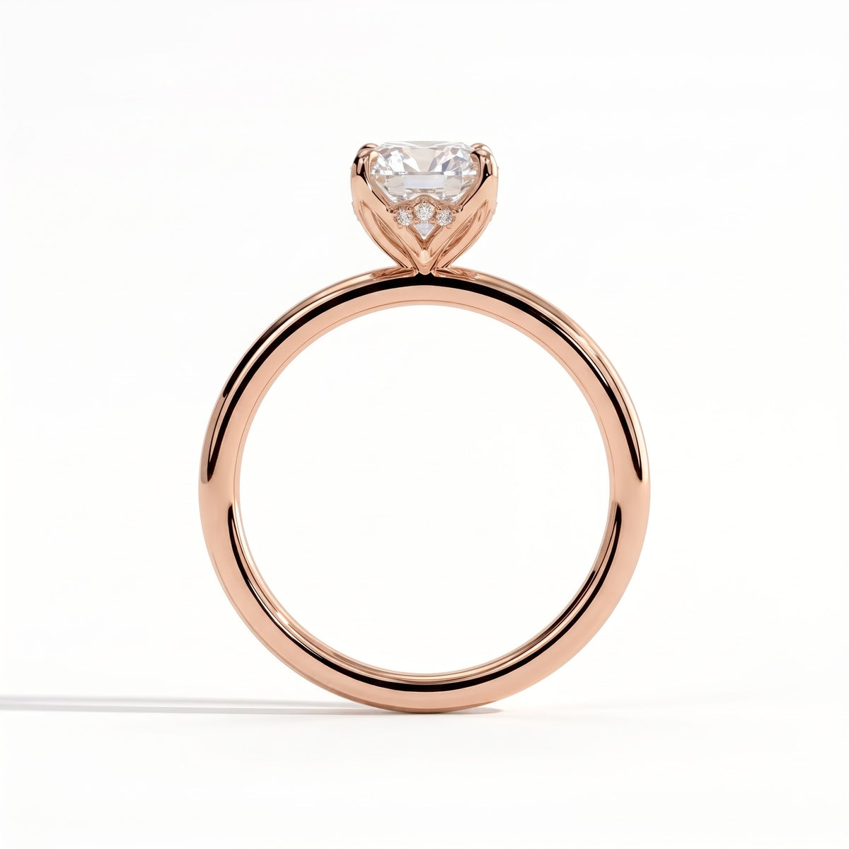 Elongated Cushion lab-grown diamond solitaire engagement ring in 18K (750) rose gold, side profile 
