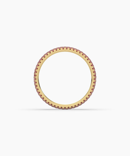 Felia pink gemstone pavé eternity ring in 750 yellow gold, top view 