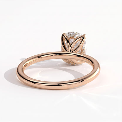 Elongated Cushion lab-grown diamond solitaire engagement ring in 18K (750) rose gold, on white background 