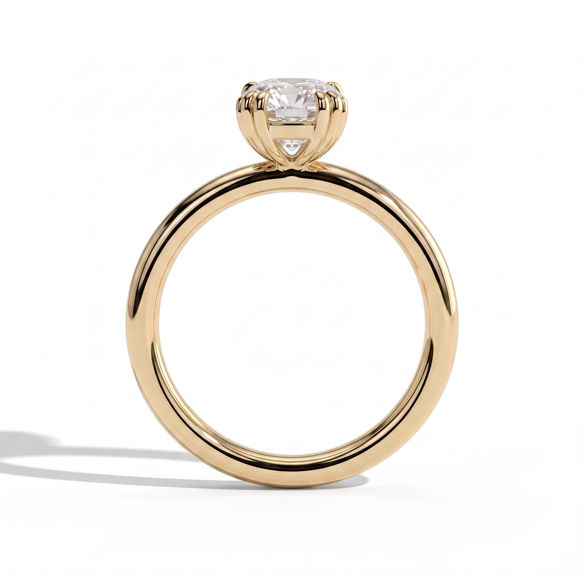 Elongated Cushion lab-grown diamond solitaire engagement ring in 18K (750) yellow gold, side profile 