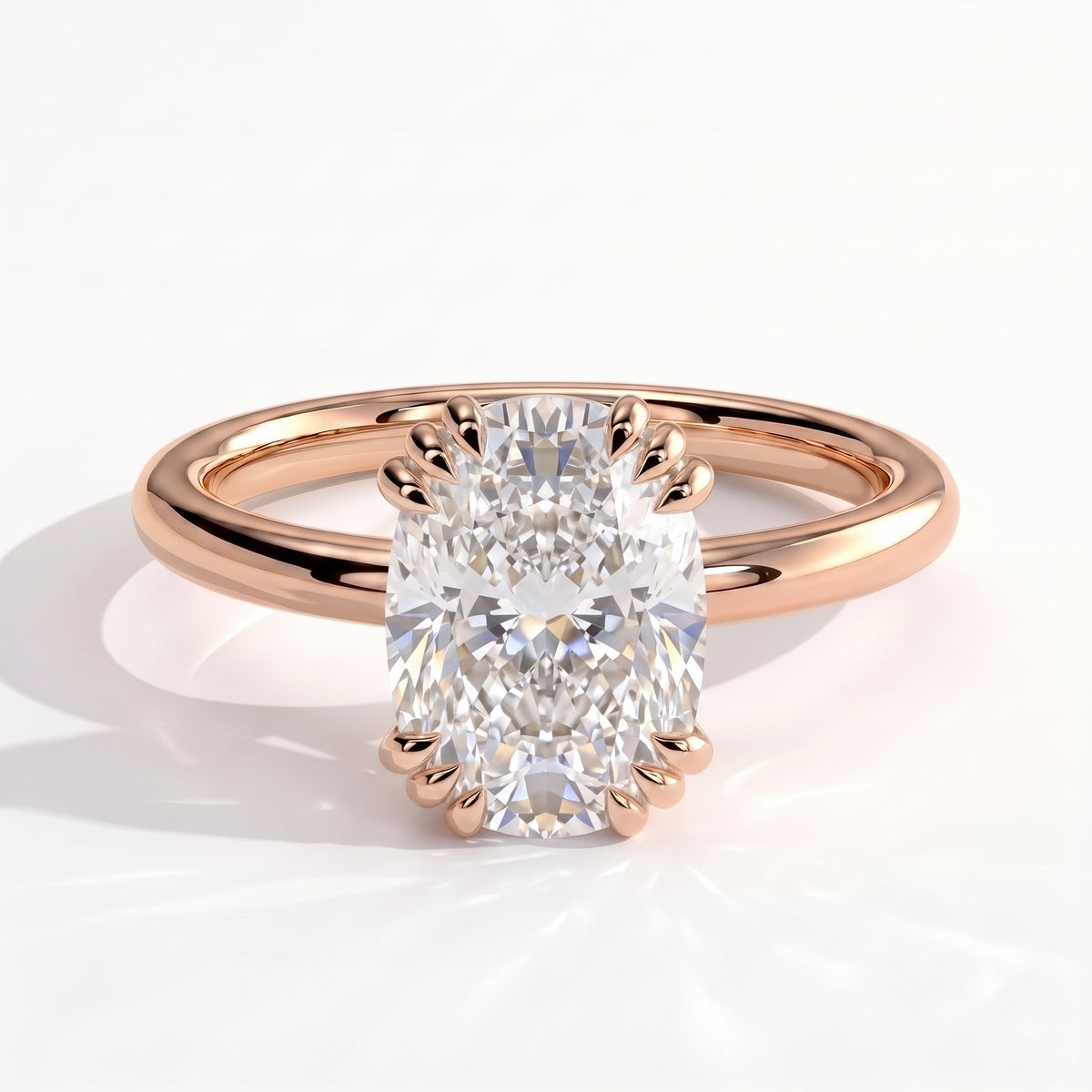 Elongated Cushion lab-grown diamond solitaire engagement ring in 18K (750) rose gold, front view 