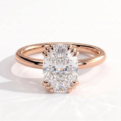Elongated Cushion lab-grown diamond solitaire engagement ring in 18K (750) rose gold, front view 