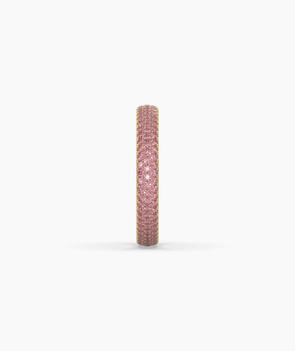 Felia pink gemstone pavé eternity ring in 750 yellow gold, side profile view 