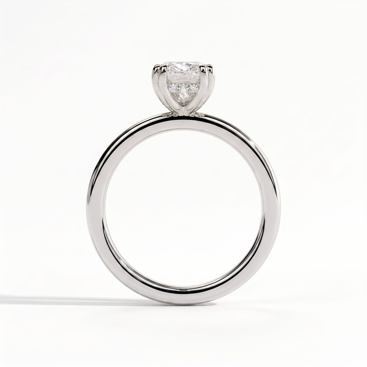 Elongated Cushion lab-grown diamond solitaire engagement ring in 18K (750) white gold, side profile 