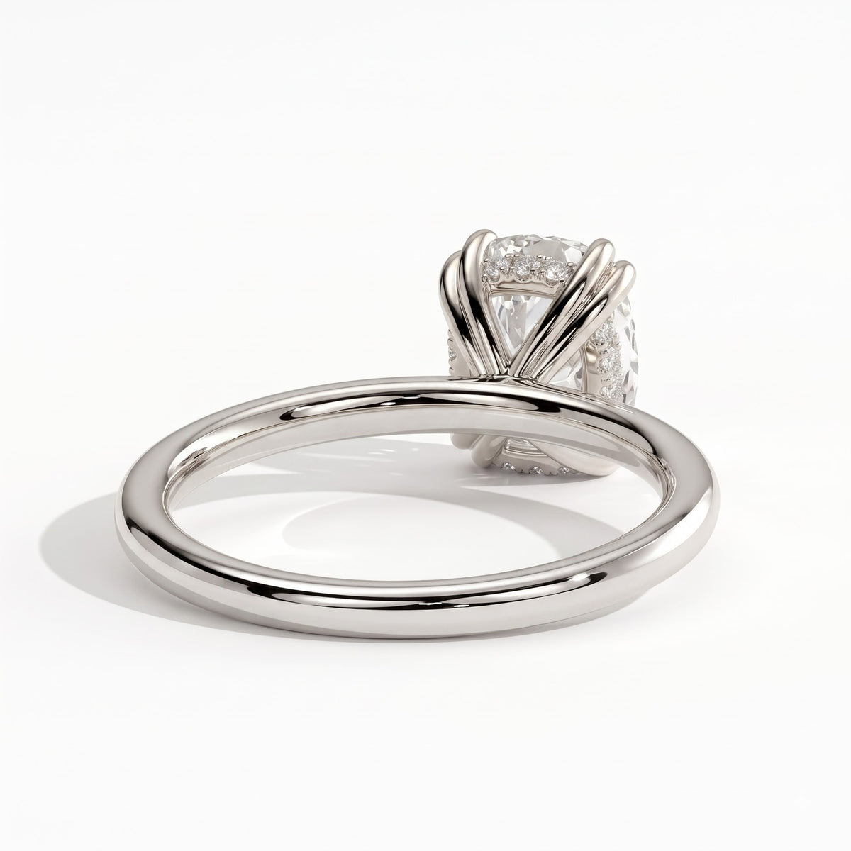 Elongated Cushion lab-grown diamond solitaire engagement ring in 18K (750) white gold, on white background 