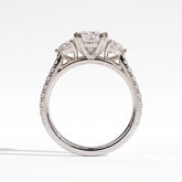 Elongated Cushion lab-grown diamond three-stone engagement ring in 18K (750) white gold, side profile 