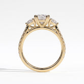 Elongated Cushion lab-grown diamond three-stone engagement ring in 18K (750) yellow gold, side profile 