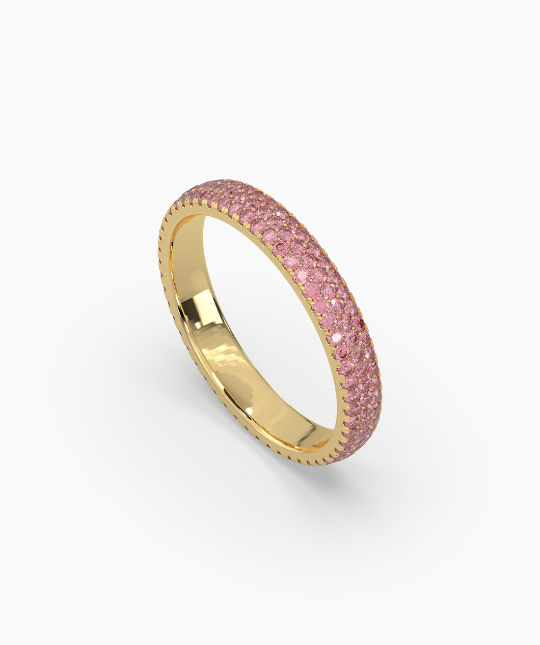 Felia pink gemstone pavé eternity ring in 585 yellow gold, angled view 