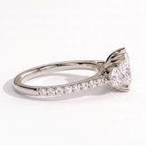 Elongated Cushion lab-grown diamond three-stone engagement ring in 18K (750) white gold, detail view 