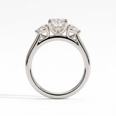 Elongated Cushion lab-grown diamond three-stone engagement ring in 18K (750) white gold, side profile 