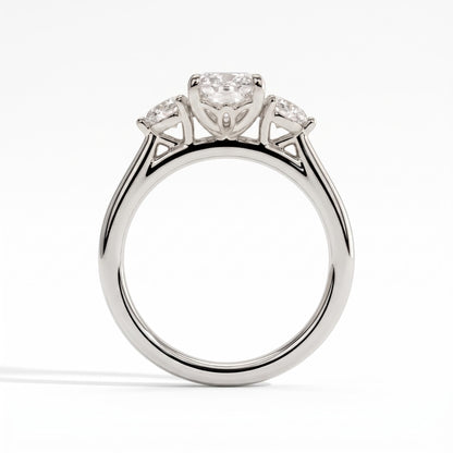 Elongated Cushion lab-grown diamond three-stone engagement ring in 18K (750) white gold, side profile 