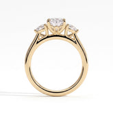 Elongated Cushion lab-grown diamond three-stone engagement ring in 18K (750) yellow gold, side profile 