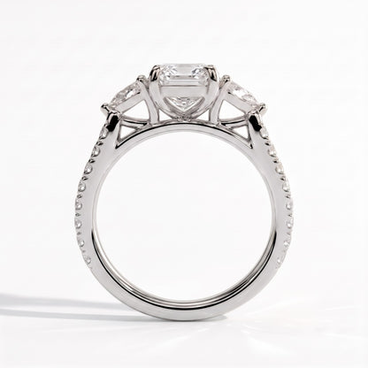Elongated Cushion lab-grown diamond three-stone engagement ring in 18K (750) white gold, side profile 