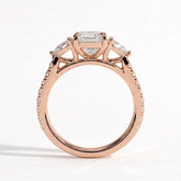 Elongated Cushion lab-grown diamond three-stone engagement ring in 18K (750) rose gold, side profile 