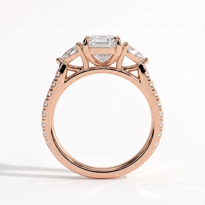 Elongated Cushion lab-grown diamond three-stone engagement ring in 18K (750) rose gold, side profile 