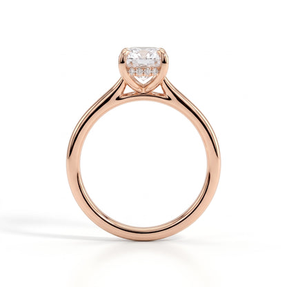 Elongated Cushion lab-grown diamond halo engagement ring in 18K (750) rose gold, side profile 