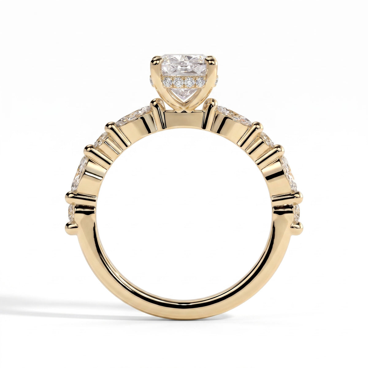 Elongated Cushion lab-grown diamond halo engagement ring in 18K (750) yellow gold, side profile 