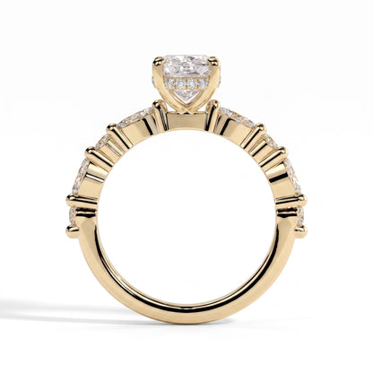 Elongated Cushion lab-grown diamond halo engagement ring in 18K (750) yellow gold, side profile 