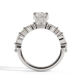 Elongated Cushion lab-grown diamond halo engagement ring in 18K (750) white gold, side profile 