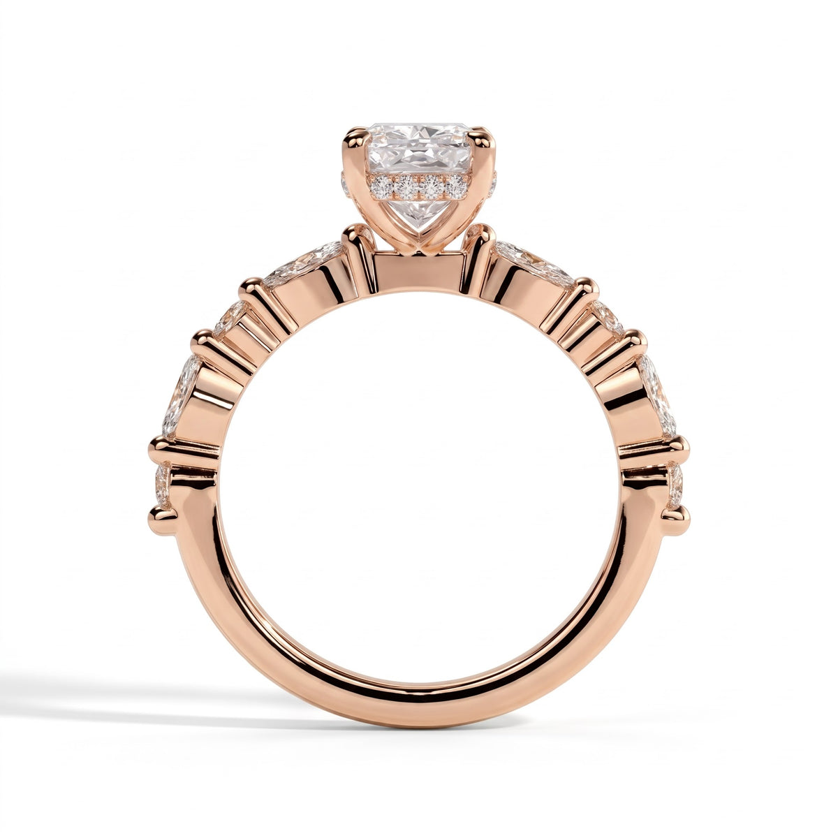 Elongated Cushion lab-grown diamond halo engagement ring in 18K (750) rose gold, side profile 