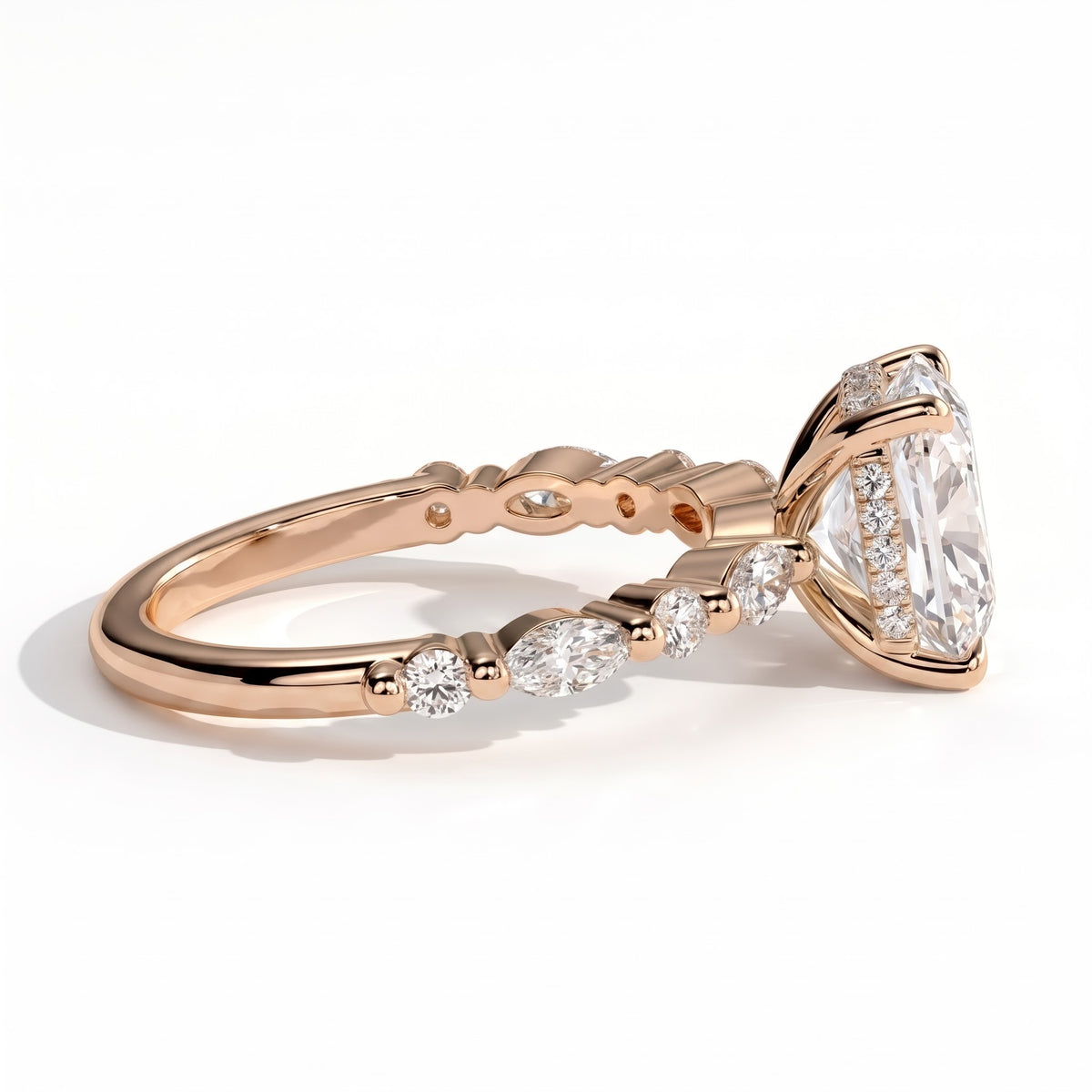 Elongated Cushion lab-grown diamond halo engagement ring in 18K (750) rose gold, detail view 