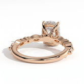 Elongated Cushion lab-grown diamond halo engagement ring in 18K (750) rose gold, on white background 