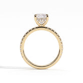 Elongated Cushion lab-grown diamond halo engagement ring in 18K (750) yellow gold, side profile 