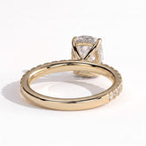 Elongated Cushion lab-grown diamond halo engagement ring in 18K (750) yellow gold, on white background 