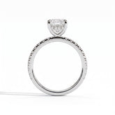Elongated Cushion lab-grown diamond halo engagement ring in 18K (750) white gold, side profile 